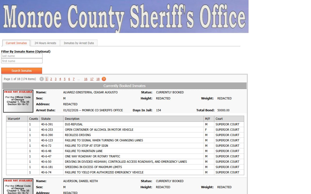 Monroe County inmate population current roster search fields and results