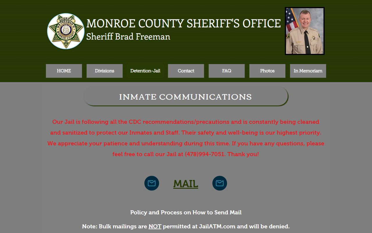 Monroe County inmate communications page with mail phone and video visitation rules