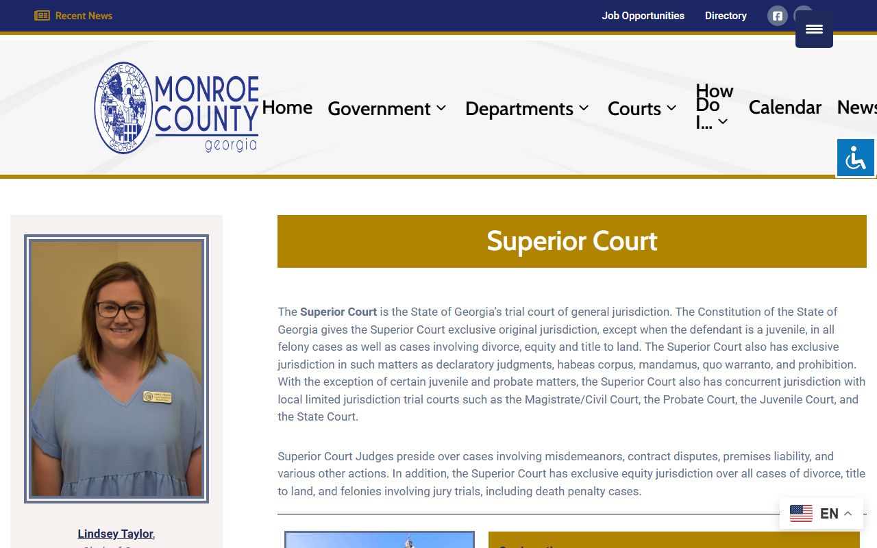 Monroe County Superior Court page with clerk and court calendar information