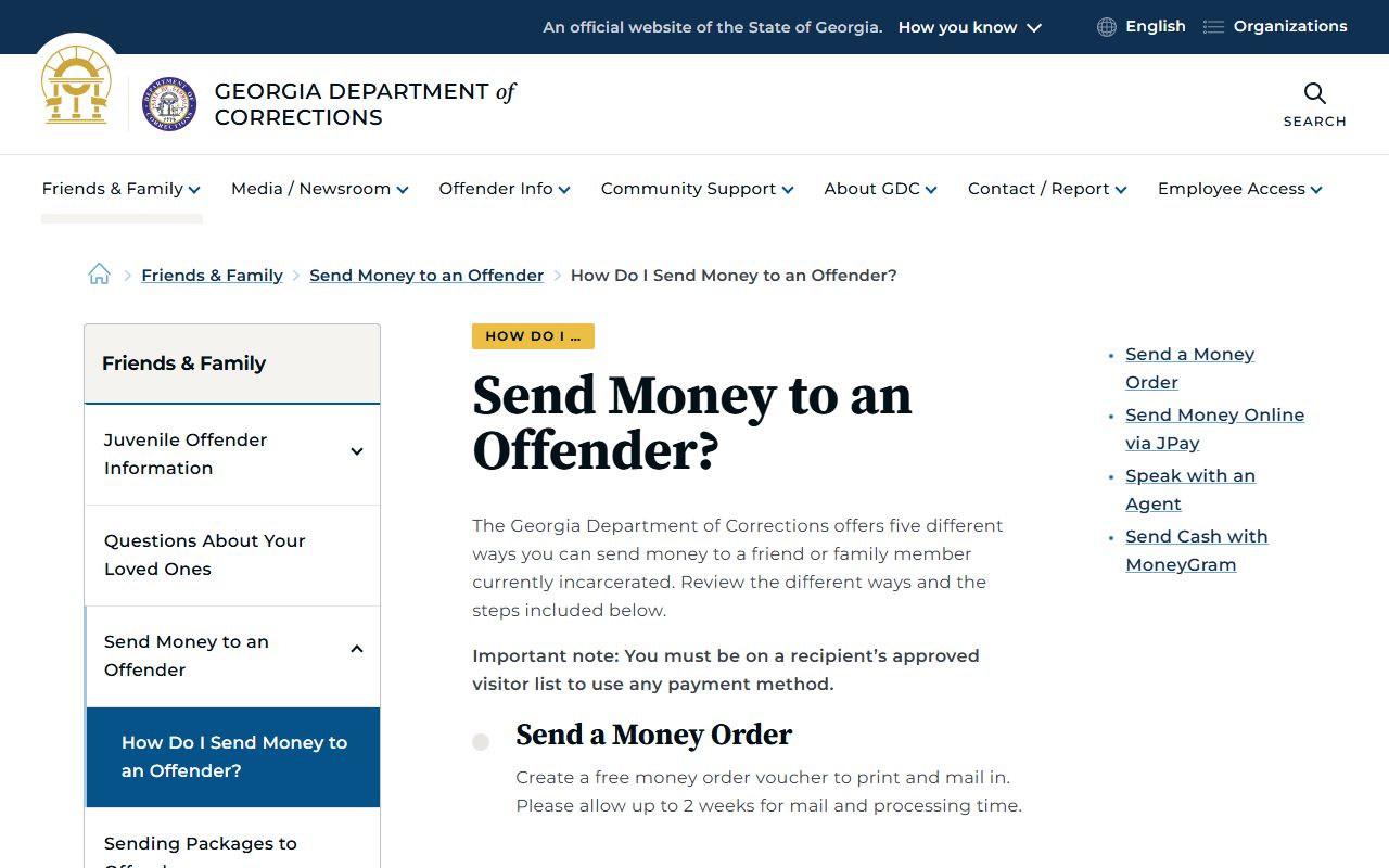 GDC send money page listing JPay MoneyGram and money order deposit options