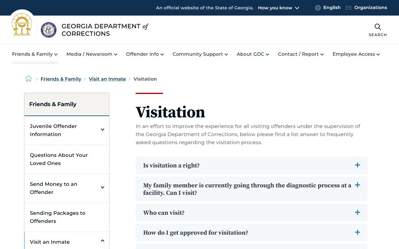 Georgia Department of Corrections visitation rules page